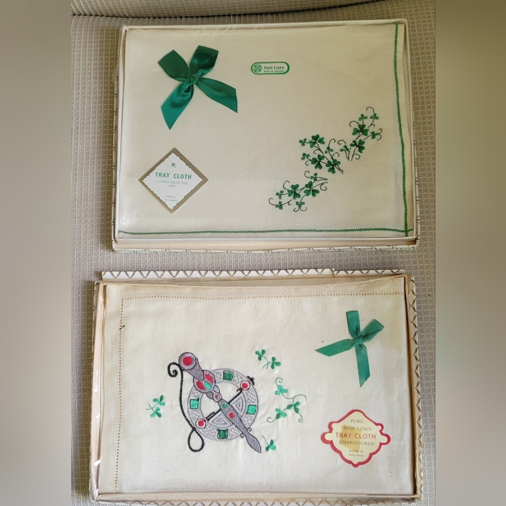 2 Vintage Irish Linen embroidered tray cloths in original boxes